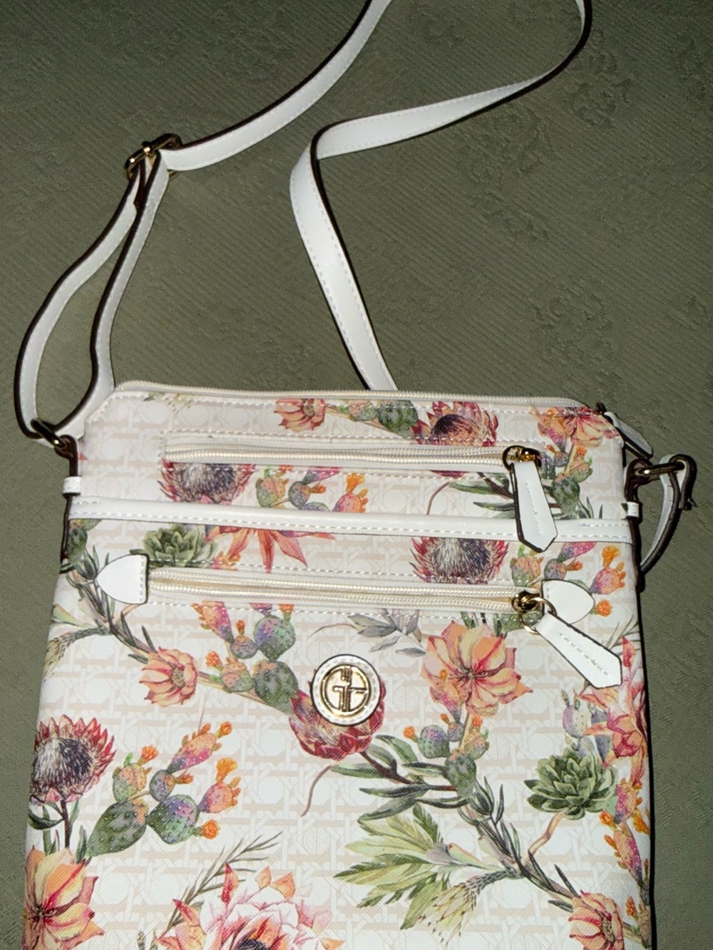 Floral Crossbody Bag in White with Gold Accent